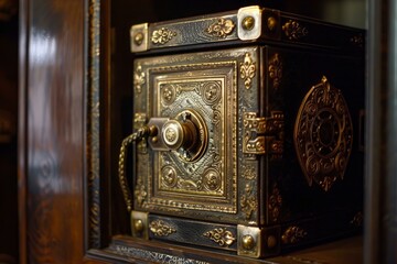Ornate antique safe nestled in a wooden cabinet, symbolizing security, wealth, and the preservation of valuable possessions