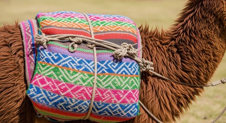 Obraz premium Colorful woven saddle blanket on a brown camel, showcasing traditional textile patterns and tied securely with ropes.