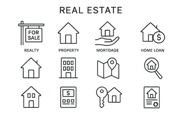 Fototapeta premium A minimal thin line web icon set for Real Estate is included, featuring icons such as realty, property, mortgage, home loan, and others, all in a simple outline vector illustration