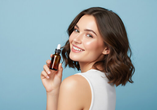 A smiling woman with shoulder-length, wavy brown hair holds a brown glass serum dropper bottle in her right hand.