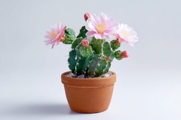 flowering potted cactus on white background, minimalistic