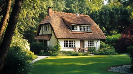 White Danish Cottage Thatched Roof Green Lawn white cottage