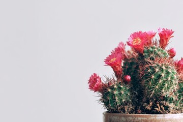 flowering potted cactus on white background, minimalistic, copy space