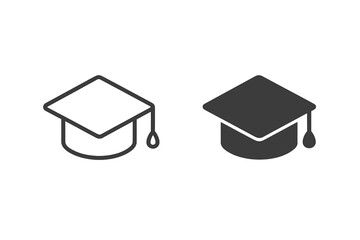 Icon of a graduation cap, available in line, glyph, outline, and filled vector versions, representing an academic cap in linear and full pictogram styles, serving as an education symbol and logo