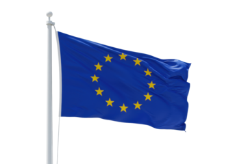 A vibrant blue European Union flag with twelve golden stars, attached to a white flagpole, proudly waving against a transparent studio background, ultra-realistic high-angle shot, no shadows,