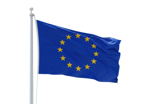 A vibrant blue European Union flag with twelve golden stars, attached to a white flagpole, proudly waving against a transparent studio background, ultra-realistic high-angle shot, no shadows,