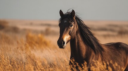 purebred horse brown color against field, copy space, symbol of 2026 year, strength