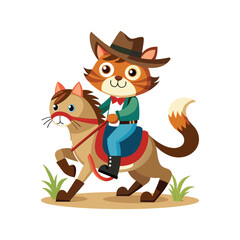 Funny Cowboy Cat Riding Hobby Horse Vector Illustration – Humorous Feline in Western Costume – Cute Animal Clipart on White Background for Stickers, T-Shirts, Posters
