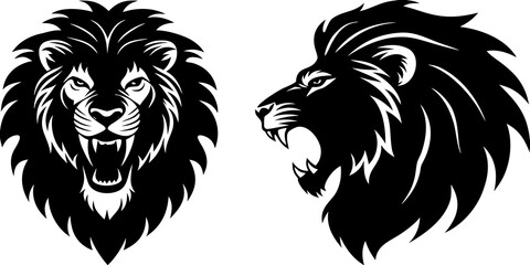 Two black lion heads facing opposite directions with open mouths