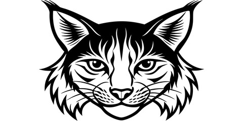 Stylized black and white illustration of a fierce bobcat head