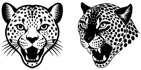 Two striking black and white vector illustrations of leopard heads with open mouths