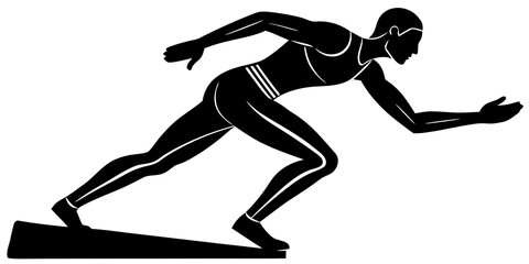 Athlete in starting blocks ready to sprint on a white background