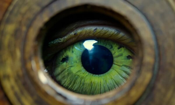 Enigmatic green eye gazes through wooden peephole in mesmerizing motion sequence