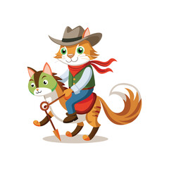 Funny Cowboy Cat Riding Hobby Horse Vector Illustration – Humorous Feline in Western Costume – Cute Animal Clipart on White Background for Stickers, T-Shirts, Posters