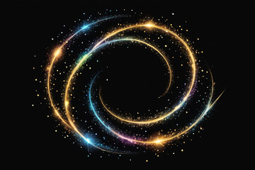 Swirling rainbow light streaks with glittering particles on a black background