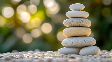 Obraz premium Stack of seven smooth, light-colored stones balanced on a gravel surface outdoors.