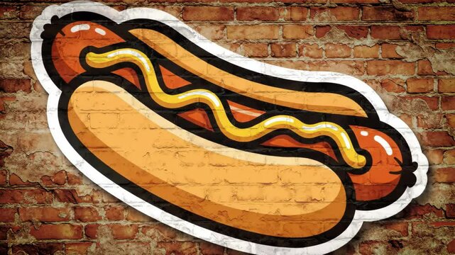 Graffiti of a hotdog on a brick wall with mustard squiggles