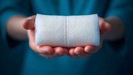 Medical gauze bandage roll for wound care first aid supplies in hands close up view