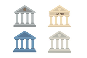 A set of icons representing bank buildings is isolated on a white background, showcasing a front view of various institutions such as a court house, bank, university, or government building