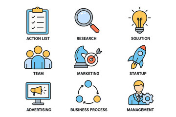 Fototapeta premium A set of line-style web icons representing business strategy and solutions for web and mobile applications, including action lists, research, solutions, teams, marketing, startups, advertising