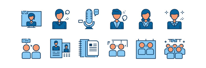 Business seminar icon set with speaker, audience, microphone, and notepad