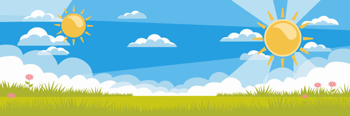 Obraz premium Sunny day landscape with blue sky, white clouds, and grassy field – Great for weather illustrations, summer campaigns, or nature-themed branding.