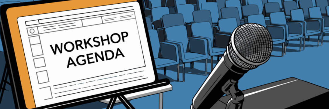 Vector illustration of a professional workshop setup with agenda board and microphone