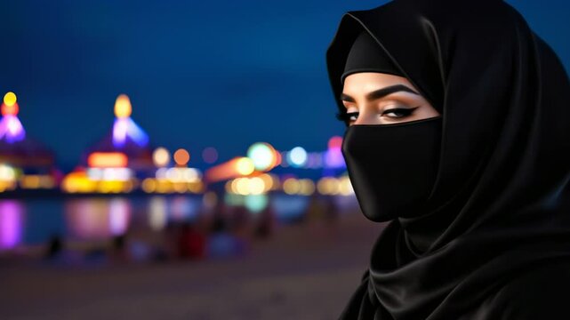 legant east inspired woman in black satin niqab with bold eyeliner at lively beach carnival