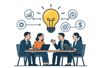 Vector illustration infographic template featuring people, team, light bulb, and icon for a business meeting and brainstorming session to develop an idea and business concept for teamwork and print