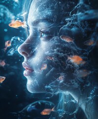 Surreal underwater profile of a woman surrounded by glowing fish and swirling water patterns, blending reality and fantasy in a dreamy, ethereal aquatic scene with magical, soft blue tones.