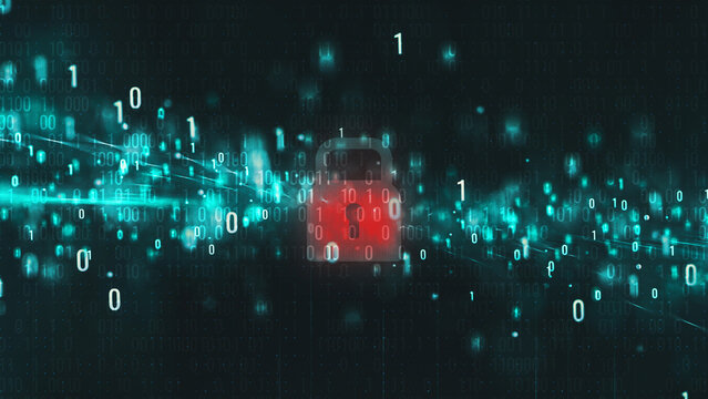 Futuristic Digital Padlock Surrounded by Floating Binary Code &mdash; Cyber Security Concept Representing Data Protection, Firewall Encryption, and High-Tech Privacy in a Virtual Network Environment