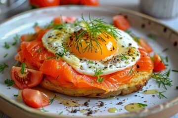 Savory potato pancake topped with smoked salmon, a fried egg, fresh dill, and cherry tomatoes, creating a delicious and visually appealing breakfast or brunch option