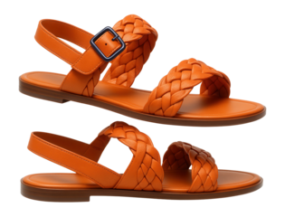 Orange leather sandals with braided straps and flat sole