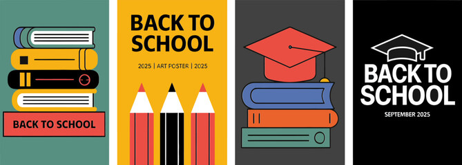 Back to school posters education supplies academic year student learning study books pencils graduation cap