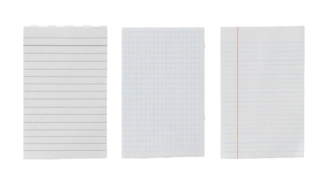lined paper sheets isolated on transparent white background