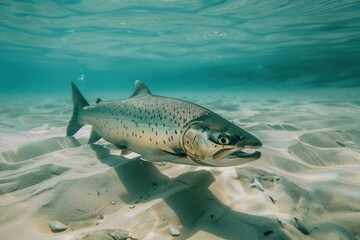Salmon swimming gracefully above the sandy bottom of a clear river, showcasing the beauty of underwater wildlife