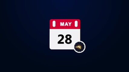 calendar - may 28 icon ,Animated calendar and clock showing may eleventh time and date on transparent background ,calendar icon showing the date May 28st. Ideal for reminders, social media content