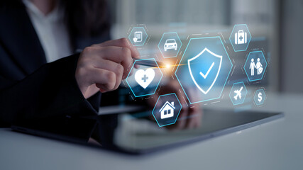 Security and insurance concept showing protection coverage for health, travel, home, car, life, and...
