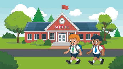 Cartoon school building illustration with students going back to school clipart for education resources