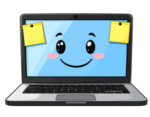 illustrated open laptop with cute face and sticky notes, cartoon style, transparent backgruond 