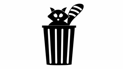 A black and white drawing of a raccoon inside a trash can with a striped tail sticking out of the bin top