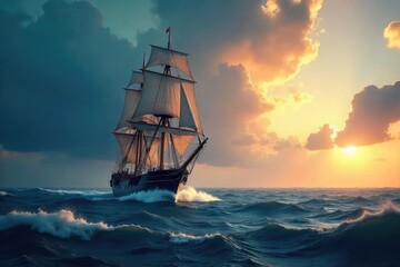 Fototapeta premium A majestic Victorian-era ship sails across a vast, turbulent ocean under a dramatic sky The scene evokes a sense of adventure and the power of nature , rigging, wood