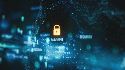 Cybersecurity Visualization with Glowing Lock Icon and Password Highlight &ndash; Futuristic Digital Data Protection Network

