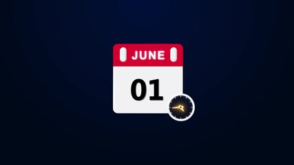 June month 01 date calendar icon animation. Analog calendar design month video ,June  01th.  calendar until June  01th, concept animation 4k