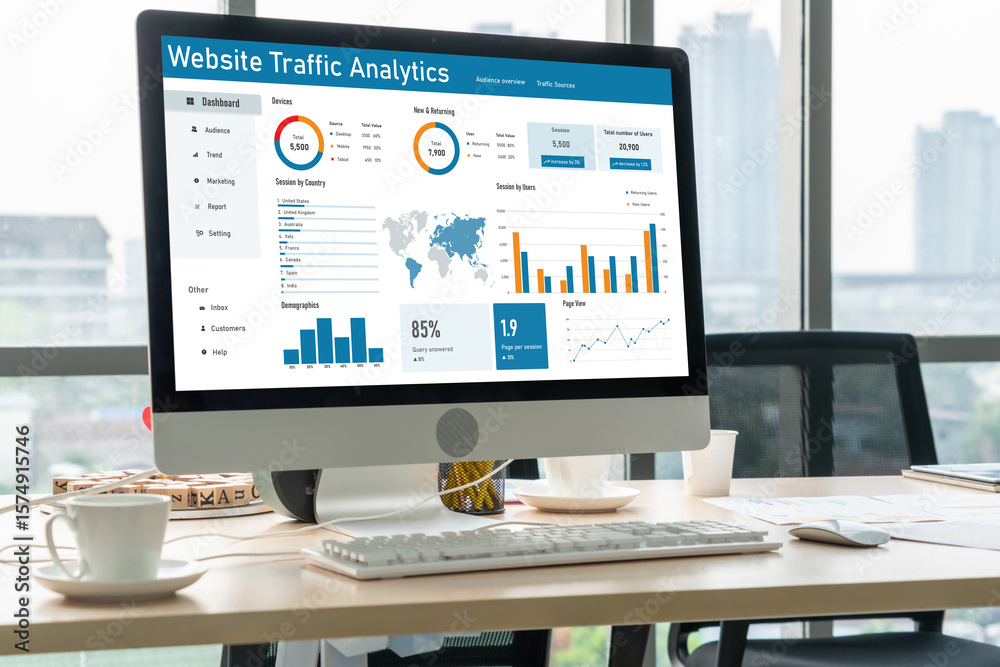 Poster computer software for website traffic analytics data on computer screen. concept of seo search engin