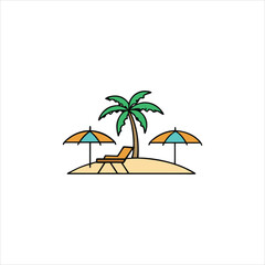 A tropical island scene with a palm tree and lounge chair