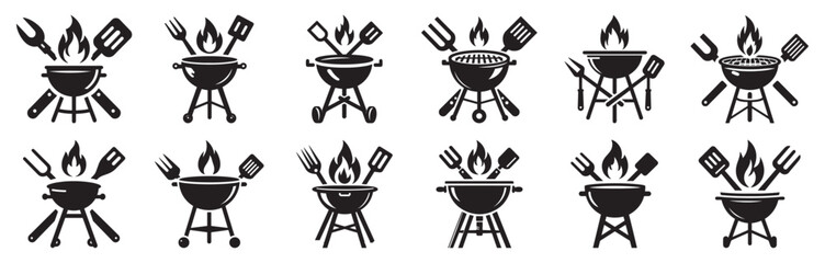 Barbecue grill with cooking utensils and flames fire