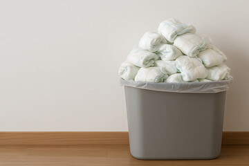 Piles of used baby diapers overflowing due to excessive waste
