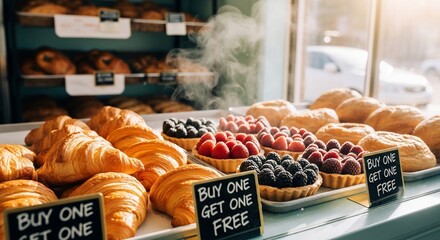 Freshly Baked Bakery Display with Croissants, Tarts, and Buy One Get One Free Sign