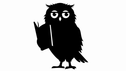Silhouette of an owl standing and holding a book with a tired expression on its face in black